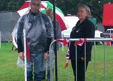 Colin not happy that its raining. Jan looking on. Havering show 2015